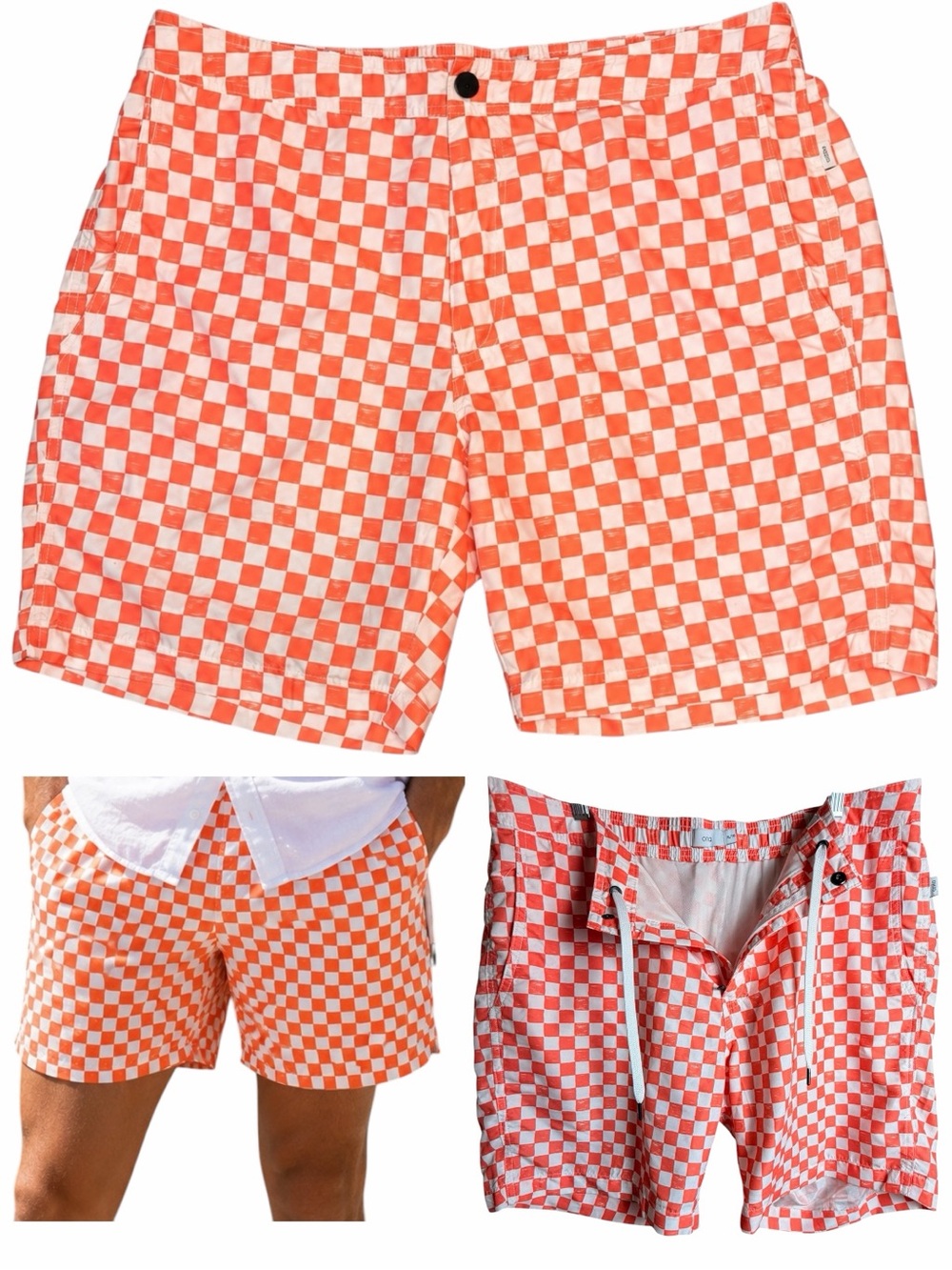 Onia Men’s XL Coral Checkerboard‎ Hybrid Swim Trunks Board Shorts